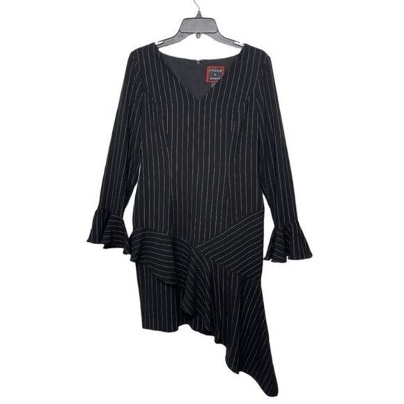 New Focus by Shani Pinstriped Asymmetrical Dress with Ruffle Hem Bell Sleeves 4 - Picture 5 of 10